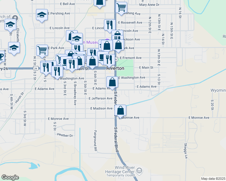 map of restaurants, bars, coffee shops, grocery stores, and more near 720 E Adams Ave in Riverton