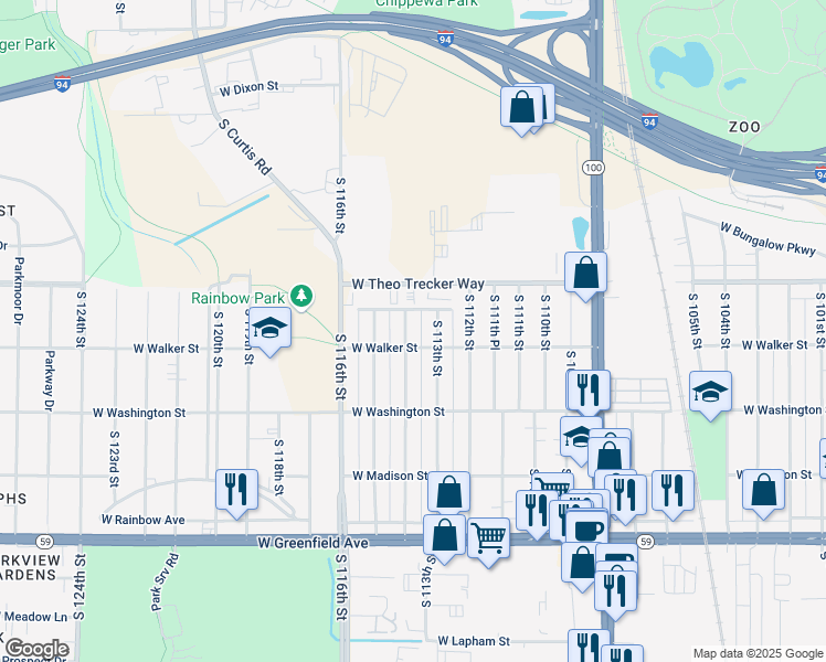 map of restaurants, bars, coffee shops, grocery stores, and more near 820 South 114th Street in West Allis