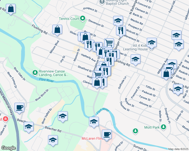map of restaurants, bars, coffee shops, grocery stores, and more near 1244 Donaldson Street in Flint