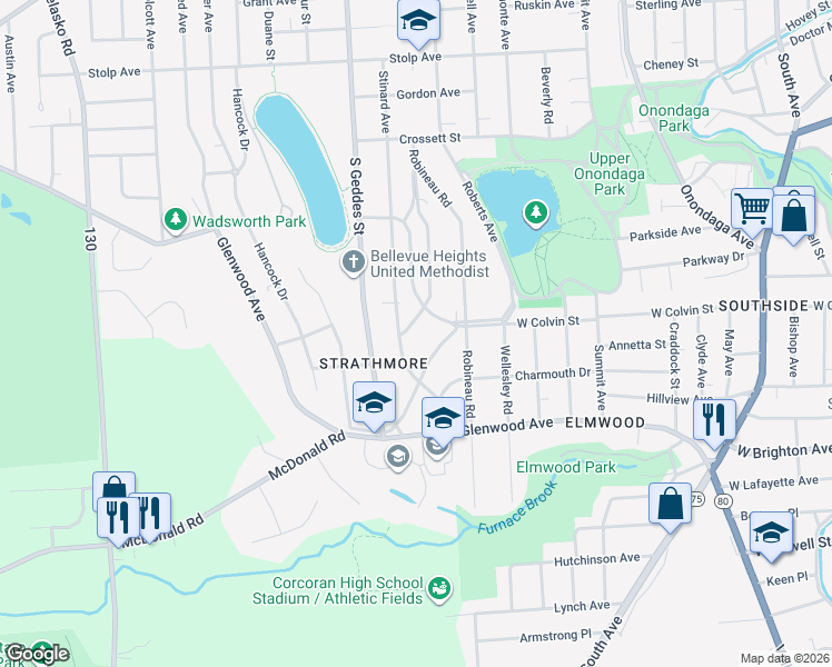 map of restaurants, bars, coffee shops, grocery stores, and more near 735 Stinard Avenue in Syracuse