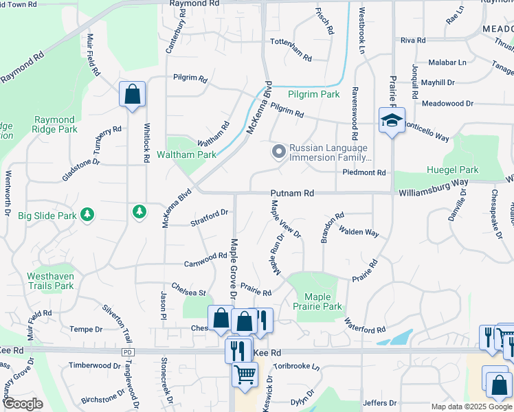 map of restaurants, bars, coffee shops, grocery stores, and more near 6613 Putnam Road in Madison