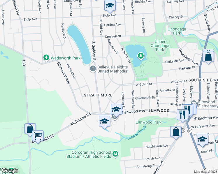 map of restaurants, bars, coffee shops, grocery stores, and more near 735 Stinard Avenue in Syracuse