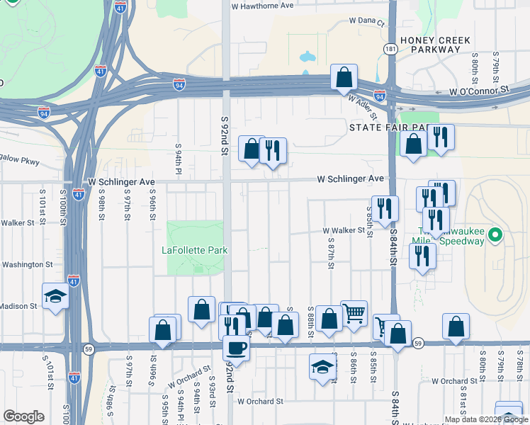 map of restaurants, bars, coffee shops, grocery stores, and more near 732 South 90th Street in West Allis
