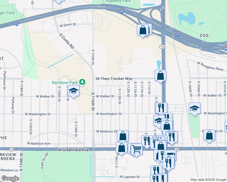 map of restaurants, bars, coffee shops, grocery stores, and more near 738 South 114th Street in West Allis