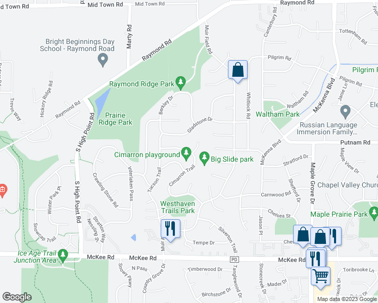 map of restaurants, bars, coffee shops, grocery stores, and more near 2855 Cimarron Trail in Madison