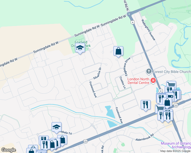 map of restaurants, bars, coffee shops, grocery stores, and more near 1110 Silverfox Drive in London