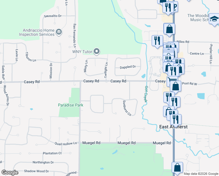 map of restaurants, bars, coffee shops, grocery stores, and more near 845 Casey Road in East Amherst