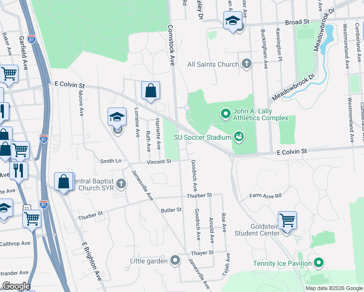 map of restaurants, bars, coffee shops, grocery stores, and more near 34 Nursery Lane in Syracuse