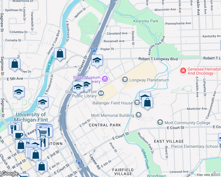 map of restaurants, bars, coffee shops, grocery stores, and more near 1120 East Kearsley Street in Flint