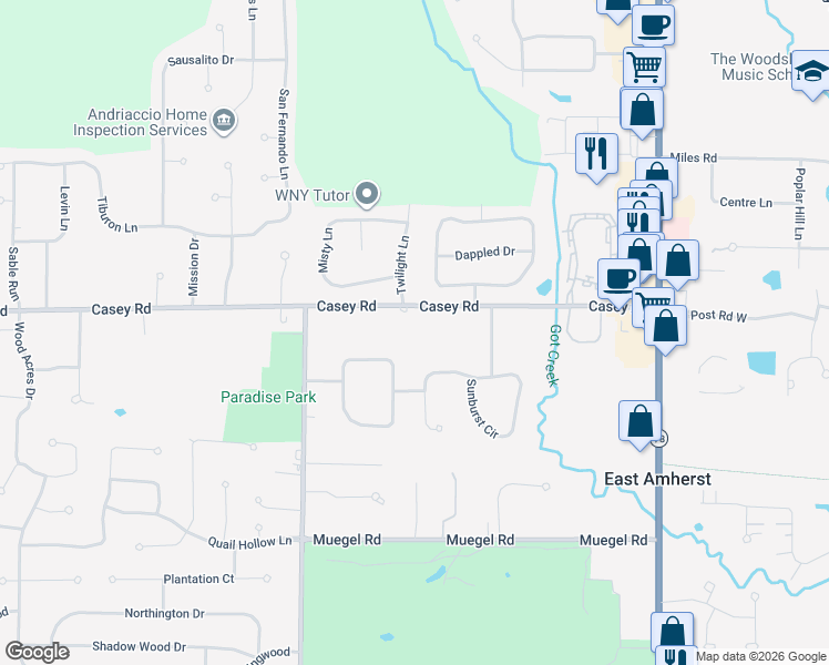 map of restaurants, bars, coffee shops, grocery stores, and more near 845 Casey Road in East Amherst