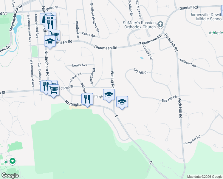 map of restaurants, bars, coffee shops, grocery stores, and more near 2713 East Colvin Street in Syracuse