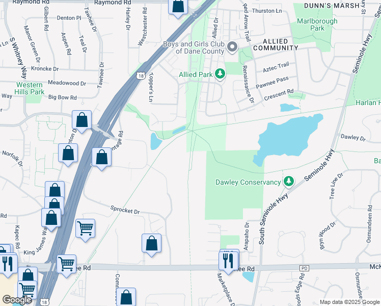 map of restaurants, bars, coffee shops, grocery stores, and more near Badger State Trail in Fitchburg