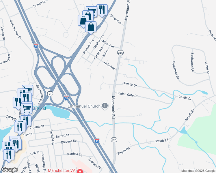 map of restaurants, bars, coffee shops, grocery stores, and more near 21 Stonegate Drive in Hooksett