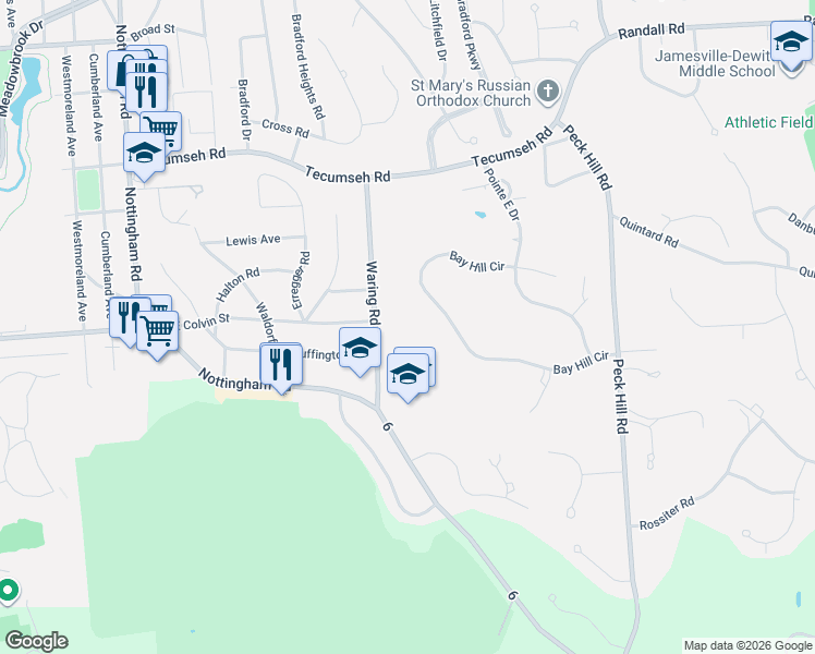 map of restaurants, bars, coffee shops, grocery stores, and more near 200 Waring Road in Syracuse