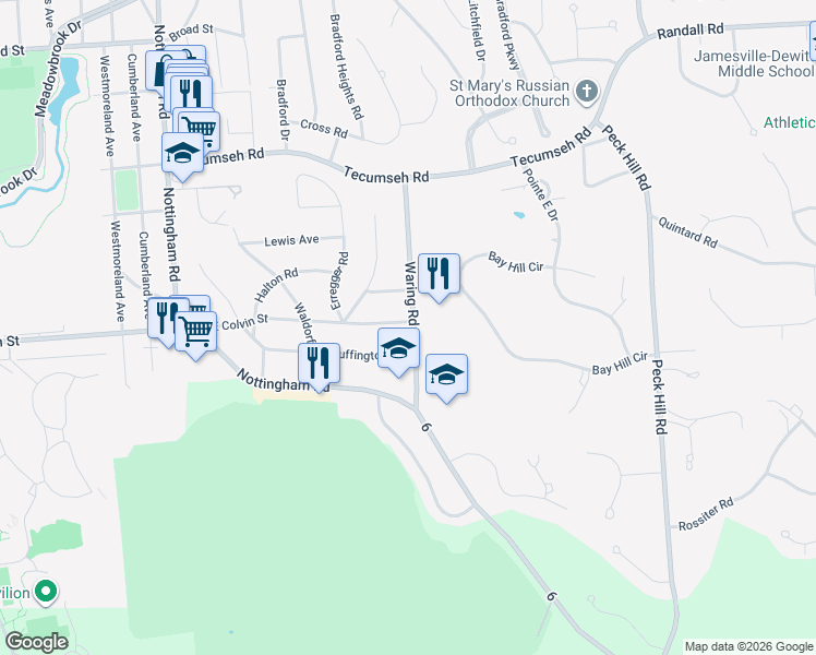 map of restaurants, bars, coffee shops, grocery stores, and more near 2713 East Colvin Street in Syracuse