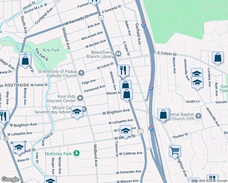 map of restaurants, bars, coffee shops, grocery stores, and more near 242 Webster Avenue in Syracuse