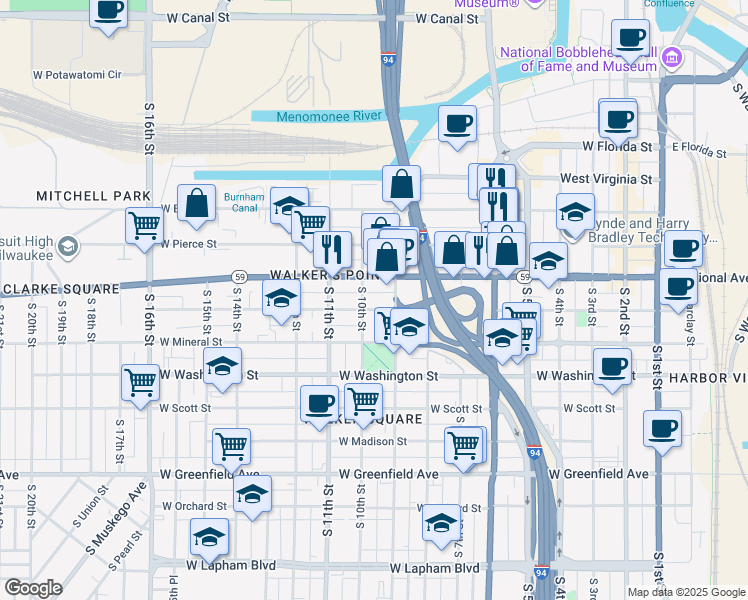 map of restaurants, bars, coffee shops, grocery stores, and more near in Milwaukee