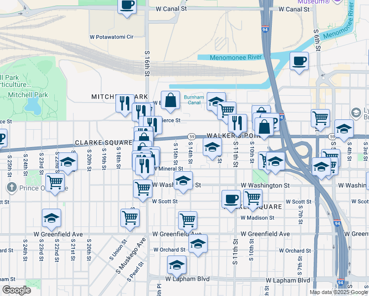 map of restaurants, bars, coffee shops, grocery stores, and more near 1423 West National Avenue in Milwaukee