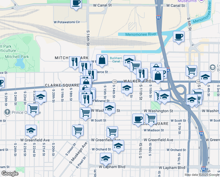 map of restaurants, bars, coffee shops, grocery stores, and more near 1423 West National Avenue in Milwaukee