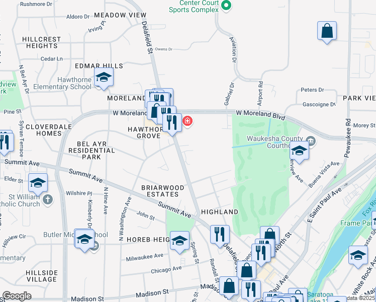 map of restaurants, bars, coffee shops, grocery stores, and more near 1019 Delafield Street in Waukesha