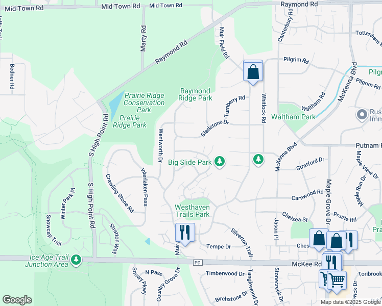 map of restaurants, bars, coffee shops, grocery stores, and more near 2811 Cimarron Trail in Madison