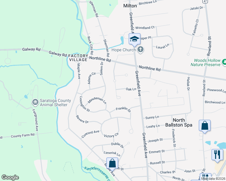 map of restaurants, bars, coffee shops, grocery stores, and more near 18 Berkshire Drive in Ballston Spa