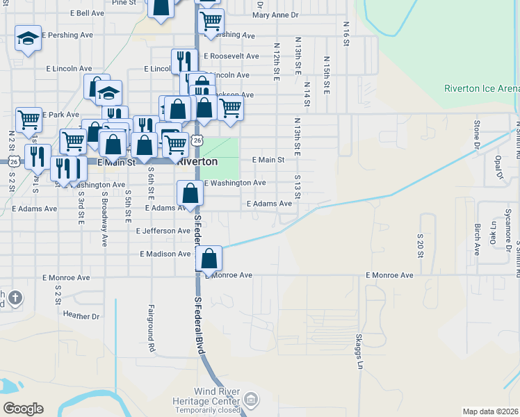 map of restaurants, bars, coffee shops, grocery stores, and more near 1101 East Adams Avenue in Riverton