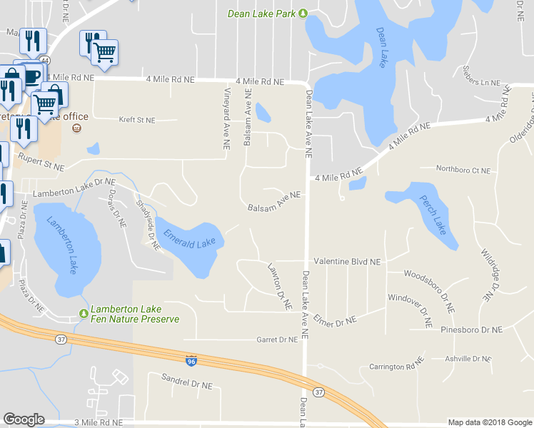 map of restaurants, bars, coffee shops, grocery stores, and more near 3337 Balsam Avenue Northeast in Grand Rapids