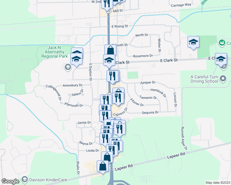 map of restaurants, bars, coffee shops, grocery stores, and more near 727 South State Road in Davison
