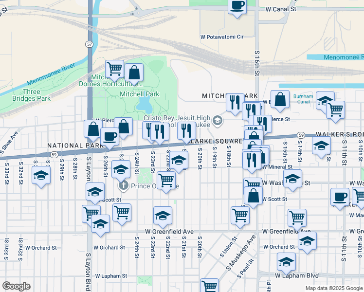 map of restaurants, bars, coffee shops, grocery stores, and more near 2030 West National Avenue in Milwaukee
