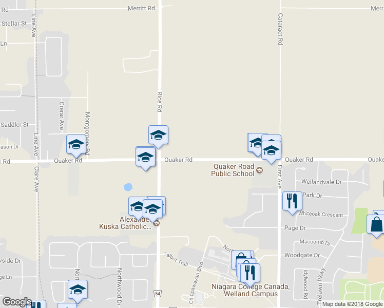 map of restaurants, bars, coffee shops, grocery stores, and more near 456 Quaker Road in Welland