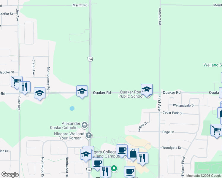 map of restaurants, bars, coffee shops, grocery stores, and more near 456 Quaker Road in Welland