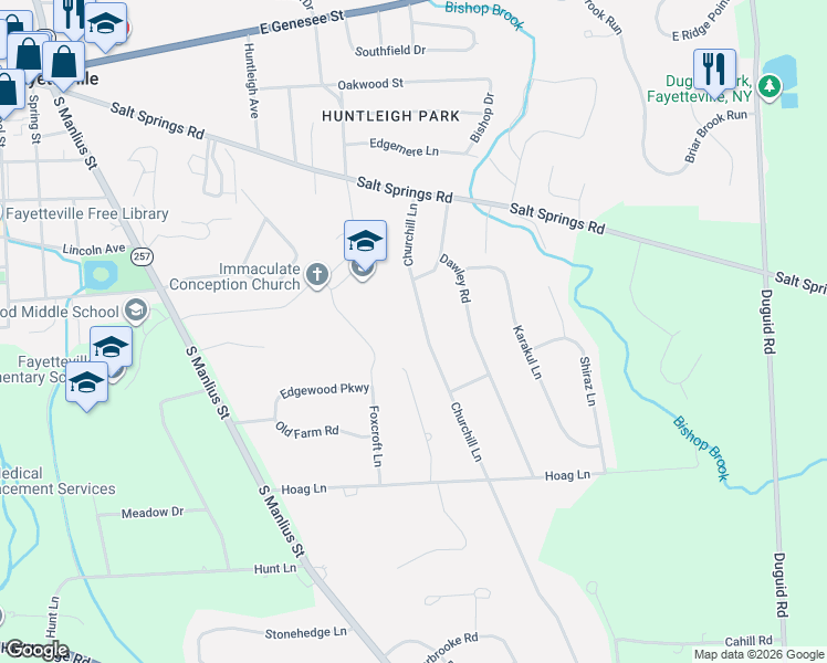 map of restaurants, bars, coffee shops, grocery stores, and more near 205 Churchill Lane in Fayetteville