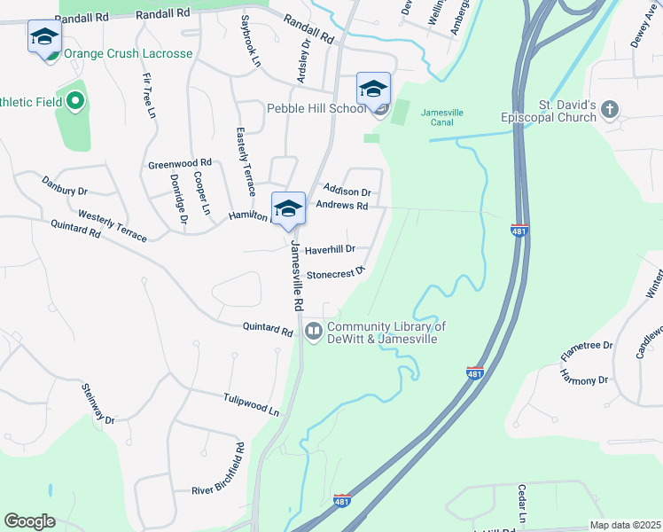 map of restaurants, bars, coffee shops, grocery stores, and more near 114 Haverhill Drive in Syracuse