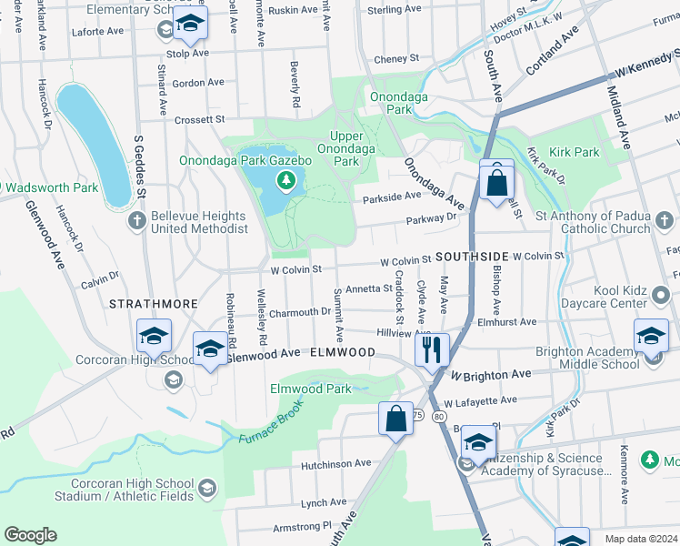 map of restaurants, bars, coffee shops, grocery stores, and more near 511 Summit Avenue in Syracuse