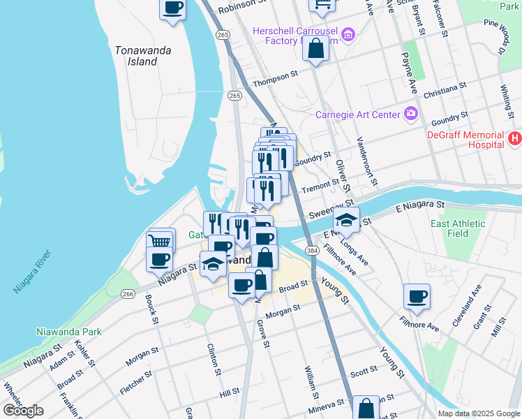map of restaurants, bars, coffee shops, grocery stores, and more near 42 Manhattan Street in North Tonawanda