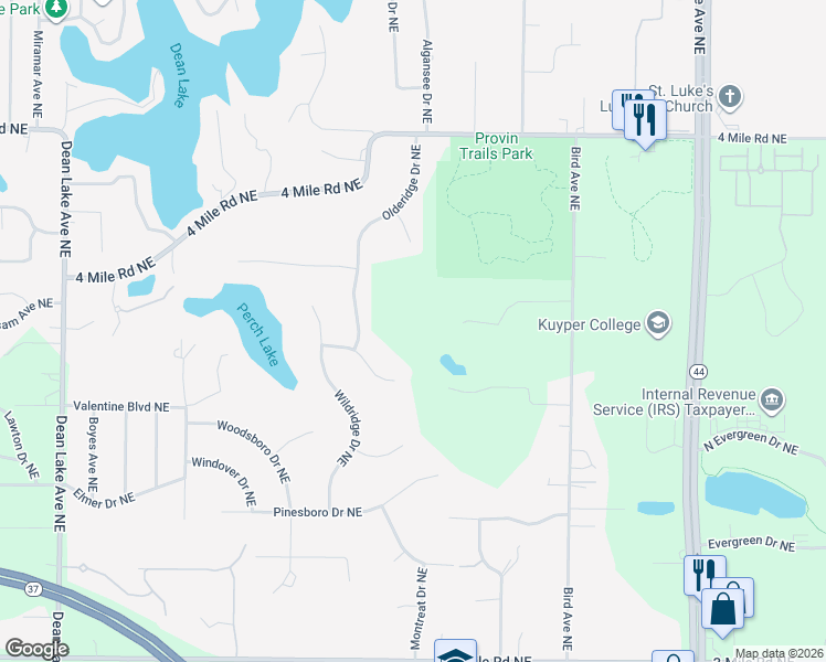 map of restaurants, bars, coffee shops, grocery stores, and more near 3338 Olderidge Drive Northeast in Grand Rapids charter Township