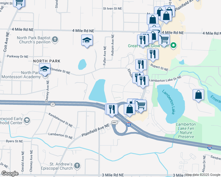 map of restaurants, bars, coffee shops, grocery stores, and more near 3243 Soft Water Lake Drive Northeast in Grand Rapids