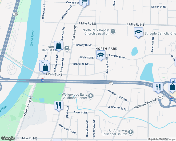 map of restaurants, bars, coffee shops, grocery stores, and more near 3275 Eastern Avenue Northeast in Grand Rapids