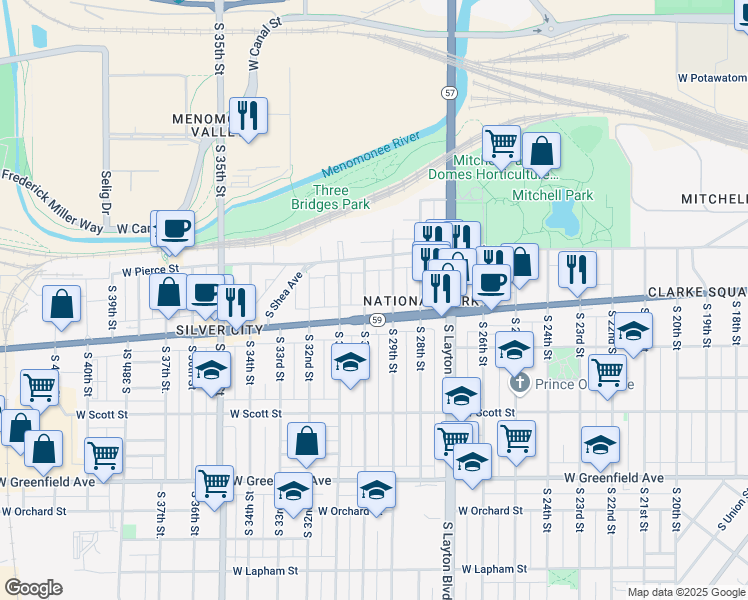 map of restaurants, bars, coffee shops, grocery stores, and more near 744 South 30th Street in Milwaukee