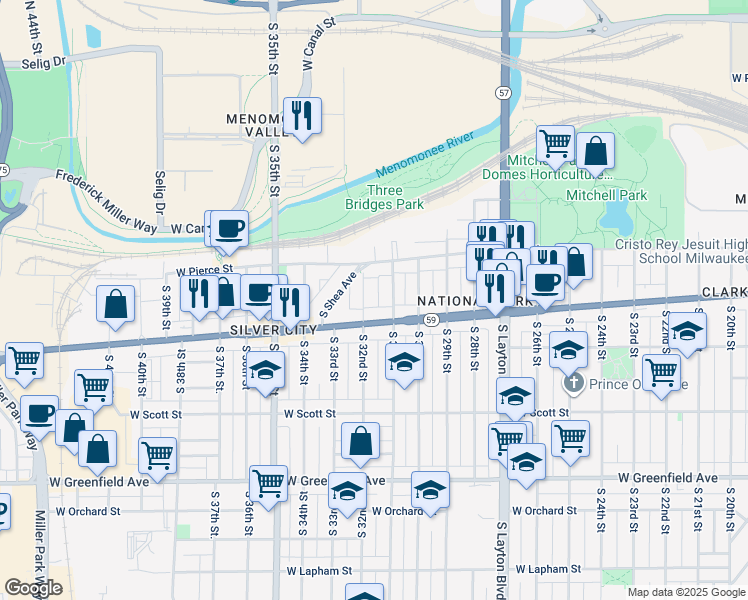 map of restaurants, bars, coffee shops, grocery stores, and more near 725 South 32nd Street in Milwaukee