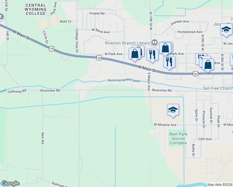 map of restaurants, bars, coffee shops, grocery stores, and more near 1740 Riverview Road in Riverton