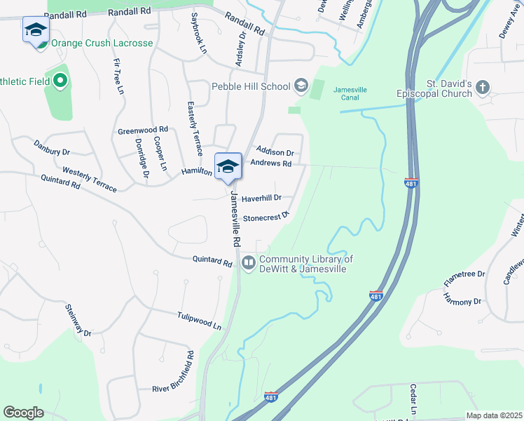 map of restaurants, bars, coffee shops, grocery stores, and more near 114 Haverhill Drive in Syracuse