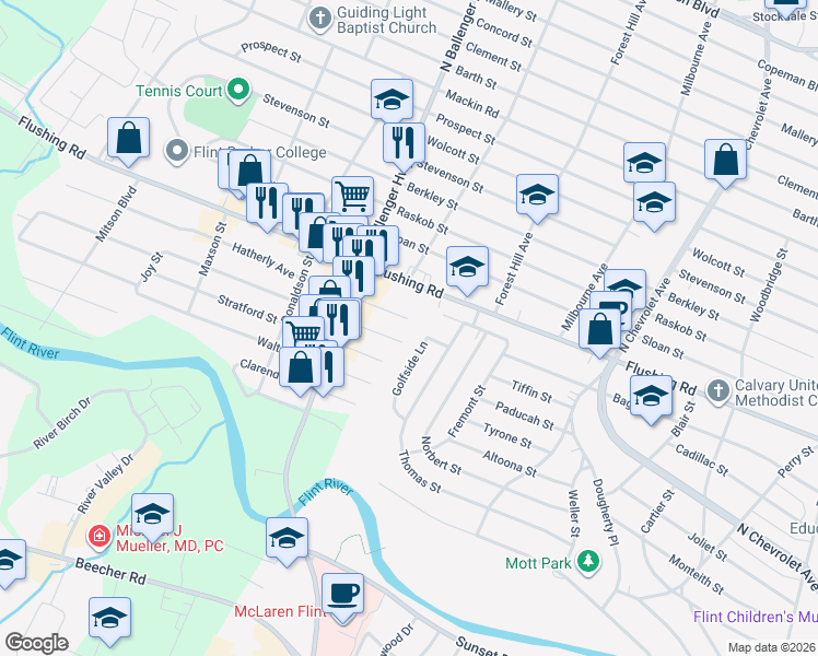 map of restaurants, bars, coffee shops, grocery stores, and more near 2461 Hatherly Avenue in Flint