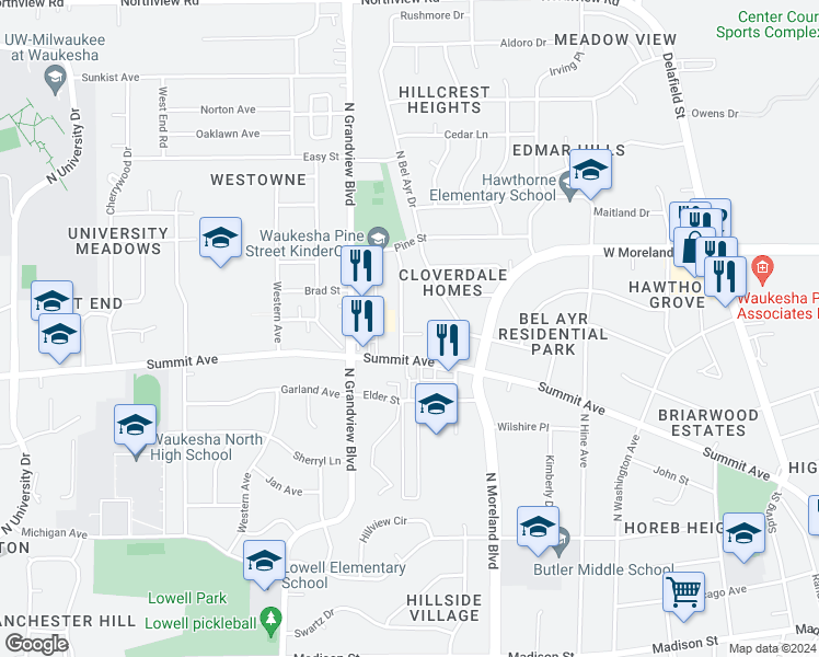map of restaurants, bars, coffee shops, grocery stores, and more near 617 Sylvan Terrace in Waukesha