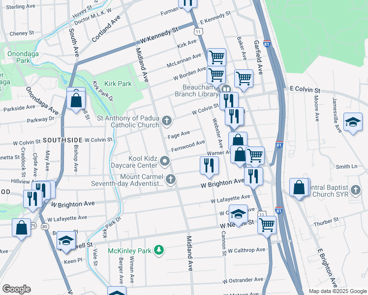 map of restaurants, bars, coffee shops, grocery stores, and more near 152 Fernwood Avenue in Syracuse