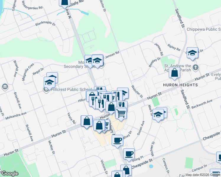 map of restaurants, bars, coffee shops, grocery stores, and more near 1318 Highbury Avenue North in London