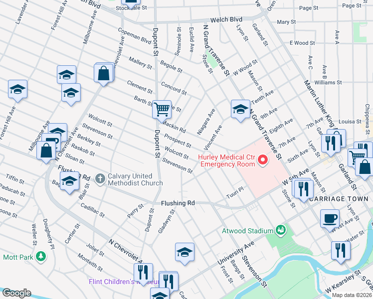 map of restaurants, bars, coffee shops, grocery stores, and more near 1413 Prospect Street in Flint