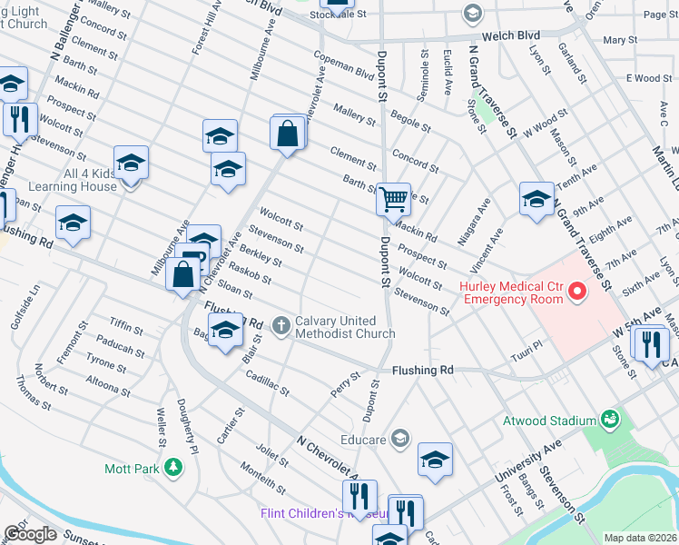 map of restaurants, bars, coffee shops, grocery stores, and more near 1818 Stevenson Street in Flint