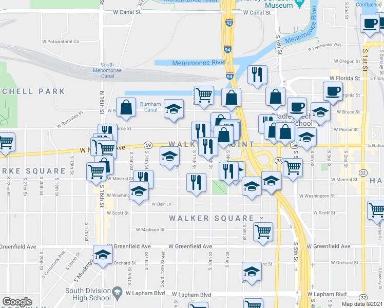 map of restaurants, bars, coffee shops, grocery stores, and more near 1101-1107 West National Avenue in Milwaukee